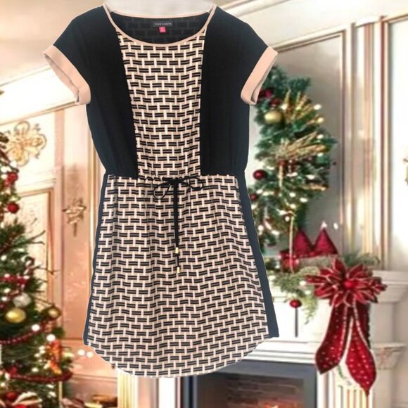VINCE CAMUTO Basket Weave Print Tie- Waist Short Sleeves Dress Sz 2P - Picture 3 of 6
